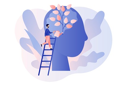 Un homme, juché sur une échelle, arrose une plante qui pousse à l'intérieur de la silhouette d'une tête. Cette image symbolise la croissance et le développement mental.